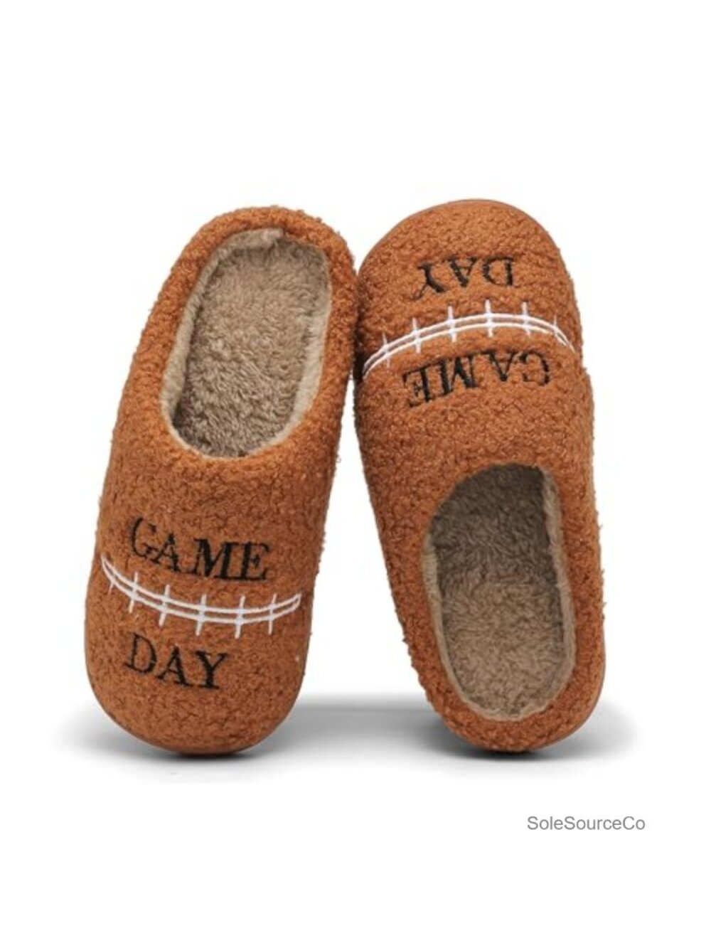 Fluffy Faux Fur Slippers with Sport Embroidered Balls, Memory Foam, Anti-Skid
